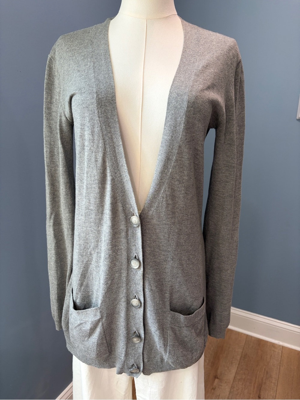 Theory Gray Cotton Cashmere Longline Cardigan Sweater Small